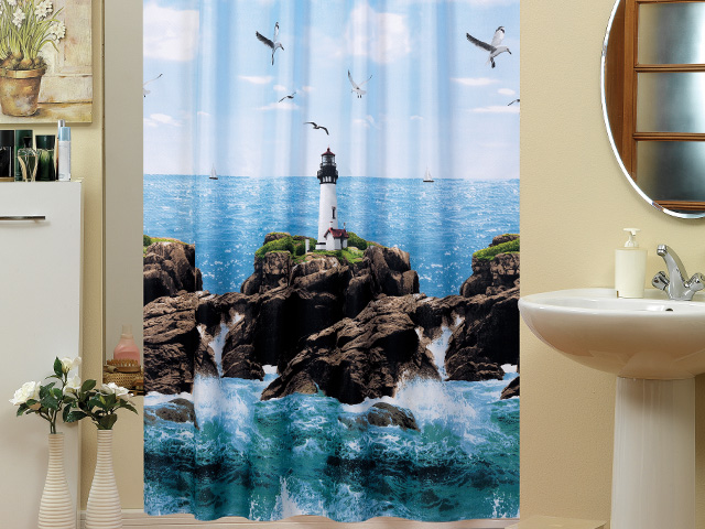 Textil Duschvorhang 240 x 200 cm "Leuchtturm am Meer" Blau Weiss Grün